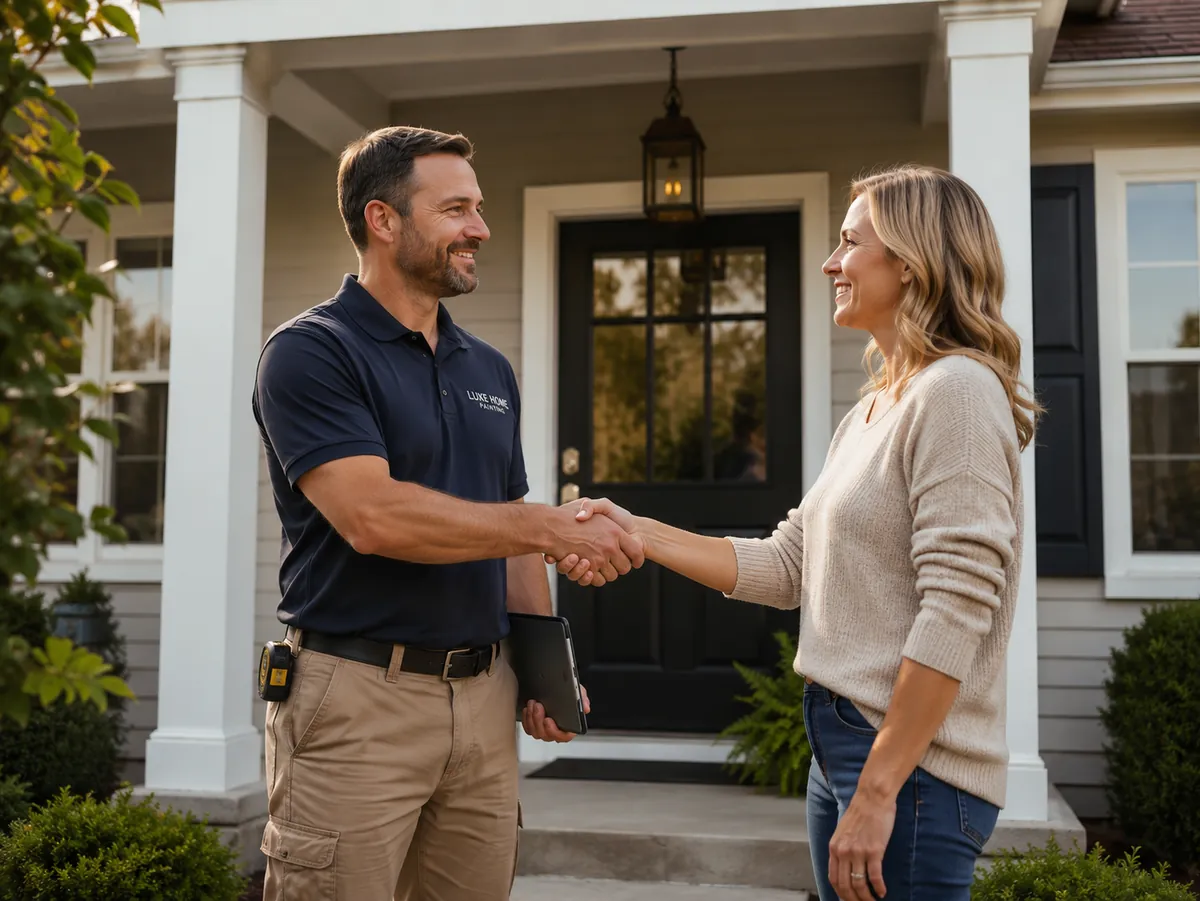 A homeowner shaking hands with a contractor on her front porch
